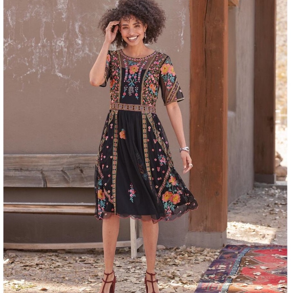 Sundance Black Dress with Colorful Floral Embroidery Large